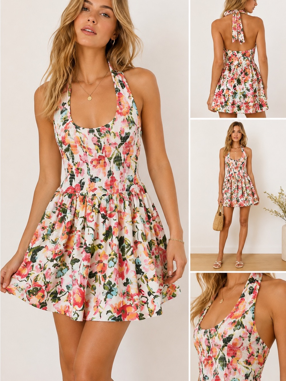 NWT Band Of The Free White Floral Halter Dress Pink Green Tropical Cottagecore